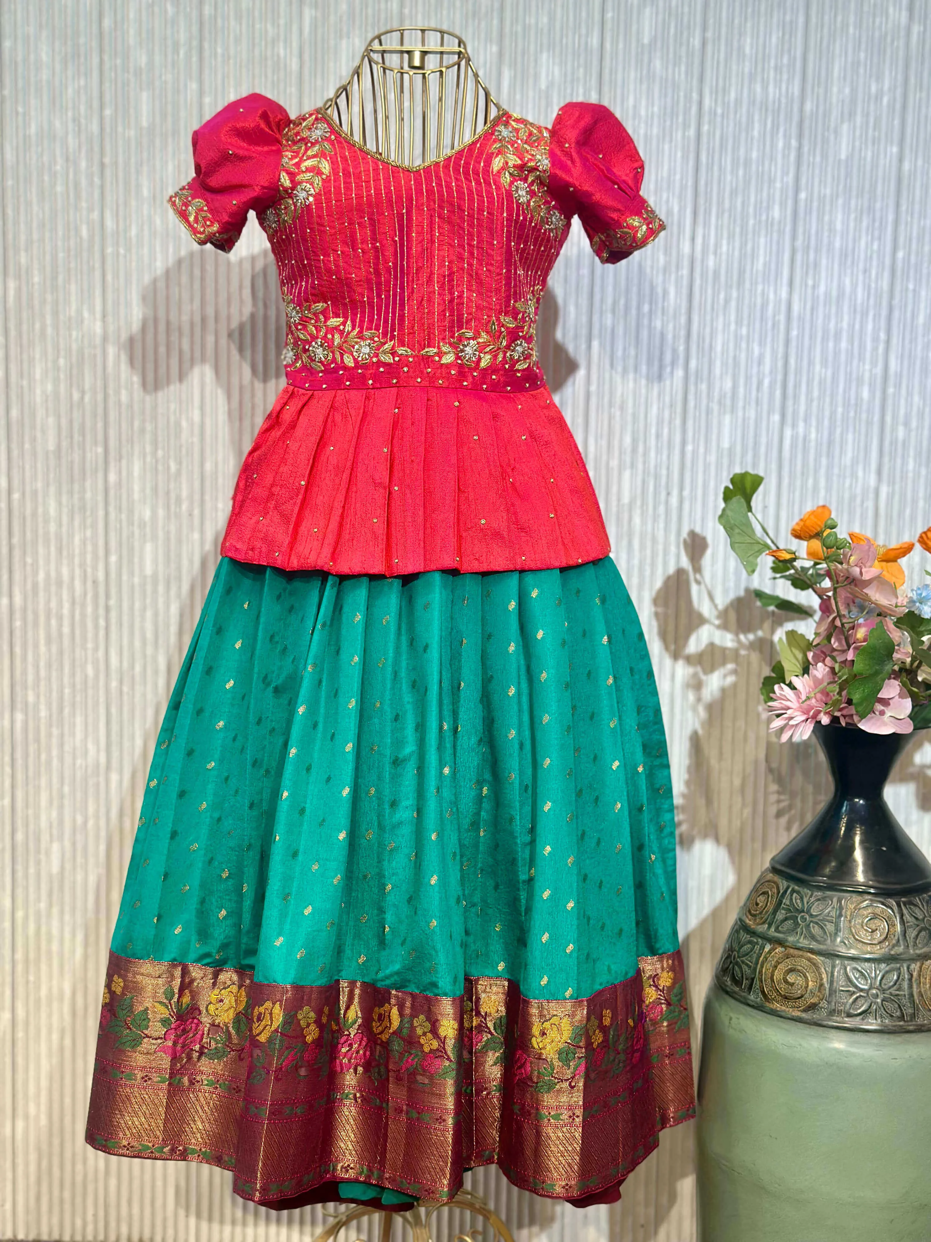 Vibrant Pattu Lehenga for Girls in Pink and Green with Brocade Borders