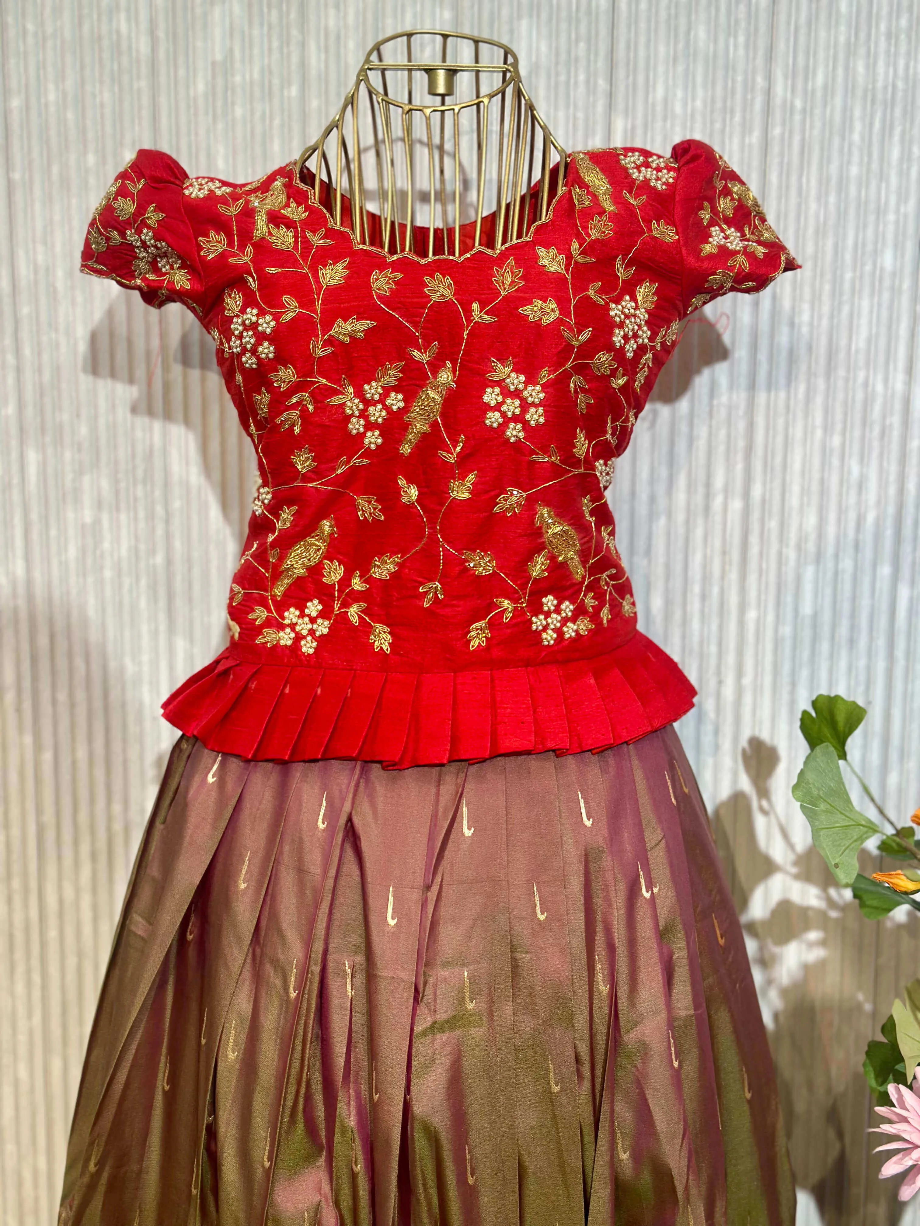 Red Pattu Lehenga for Girls with Embroidered Blouse Design