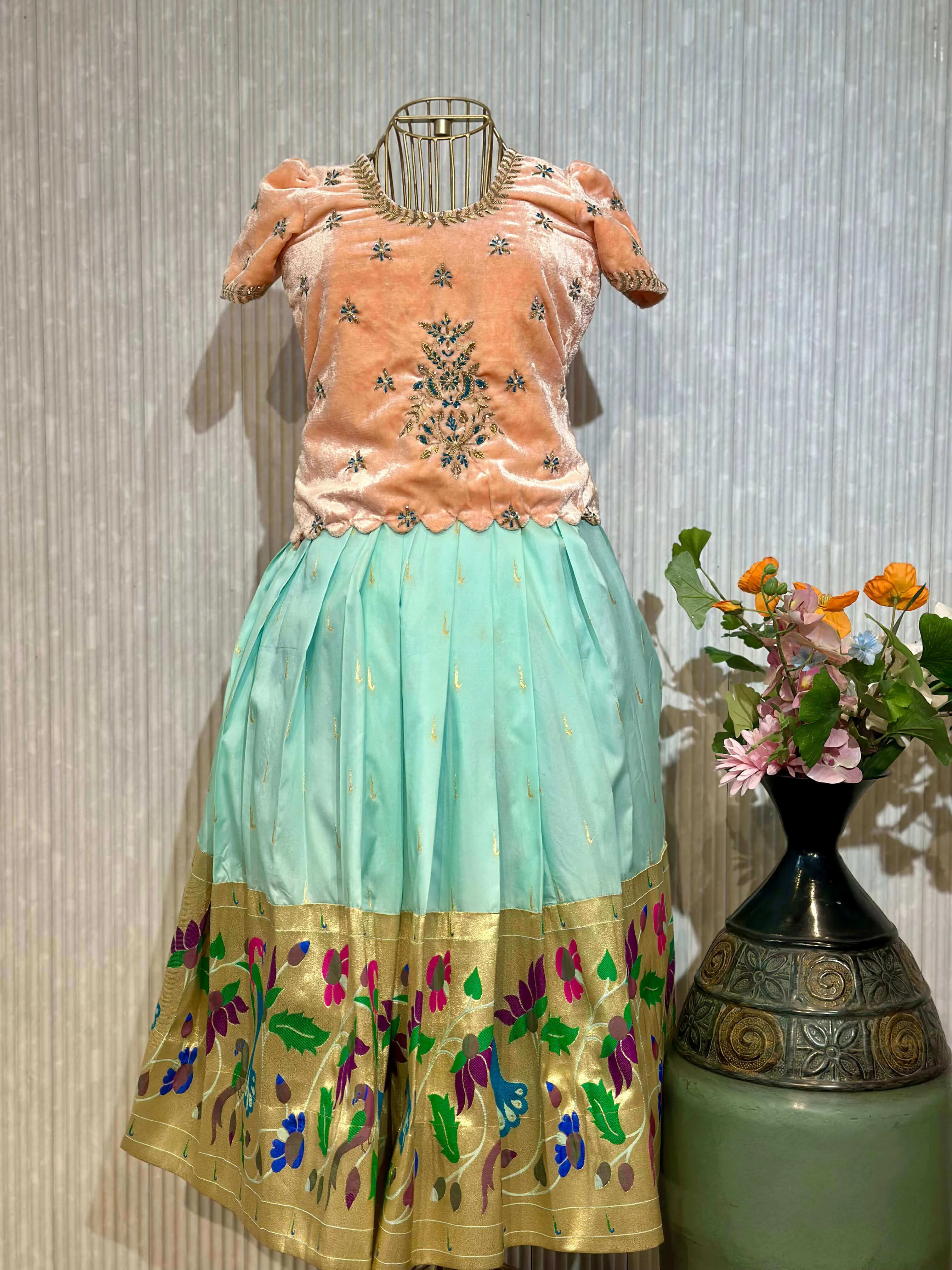 Mint Green Pattu Lehenga with Floral Border for Girls