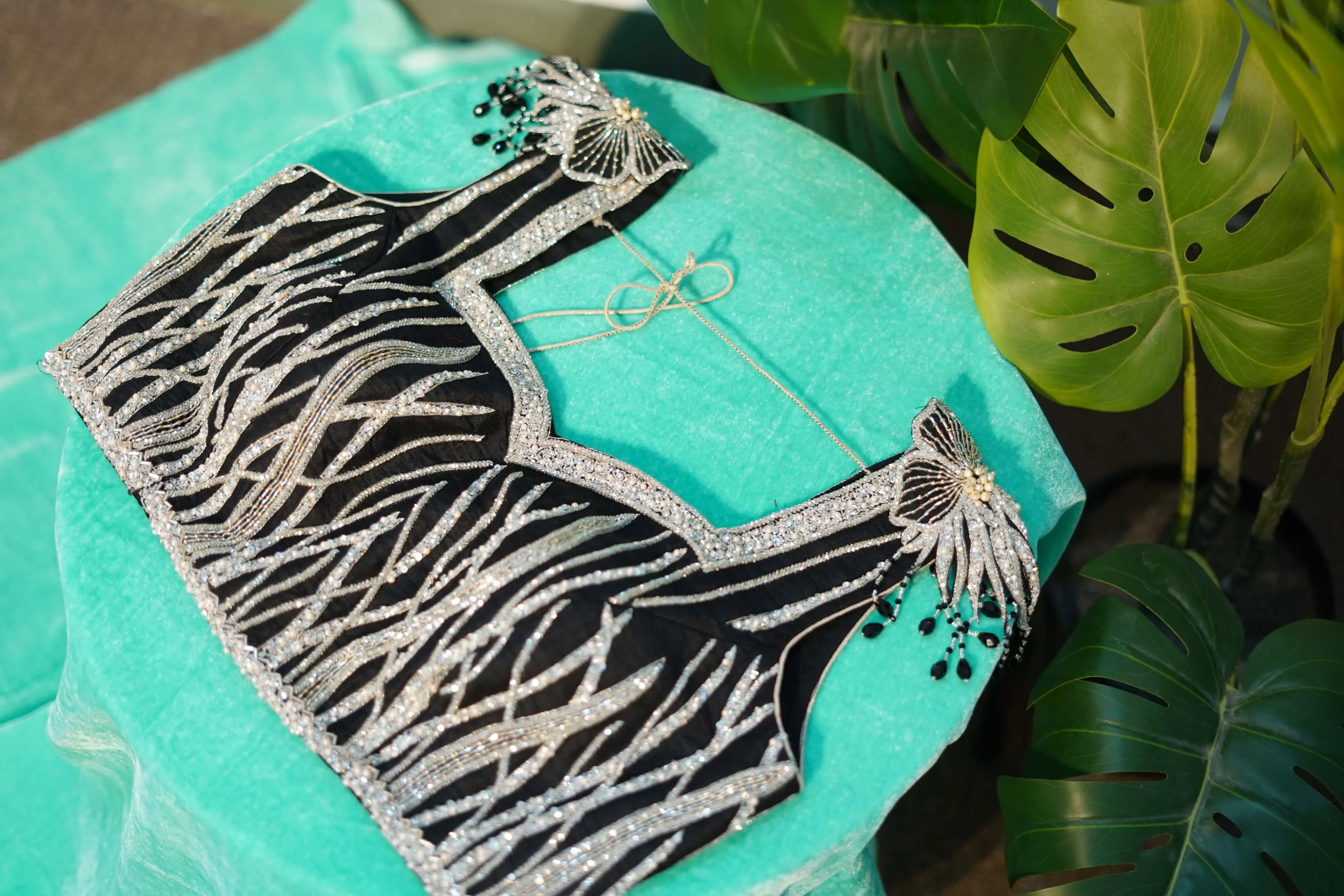 Black Raw Silk Blouse with Intricate Design