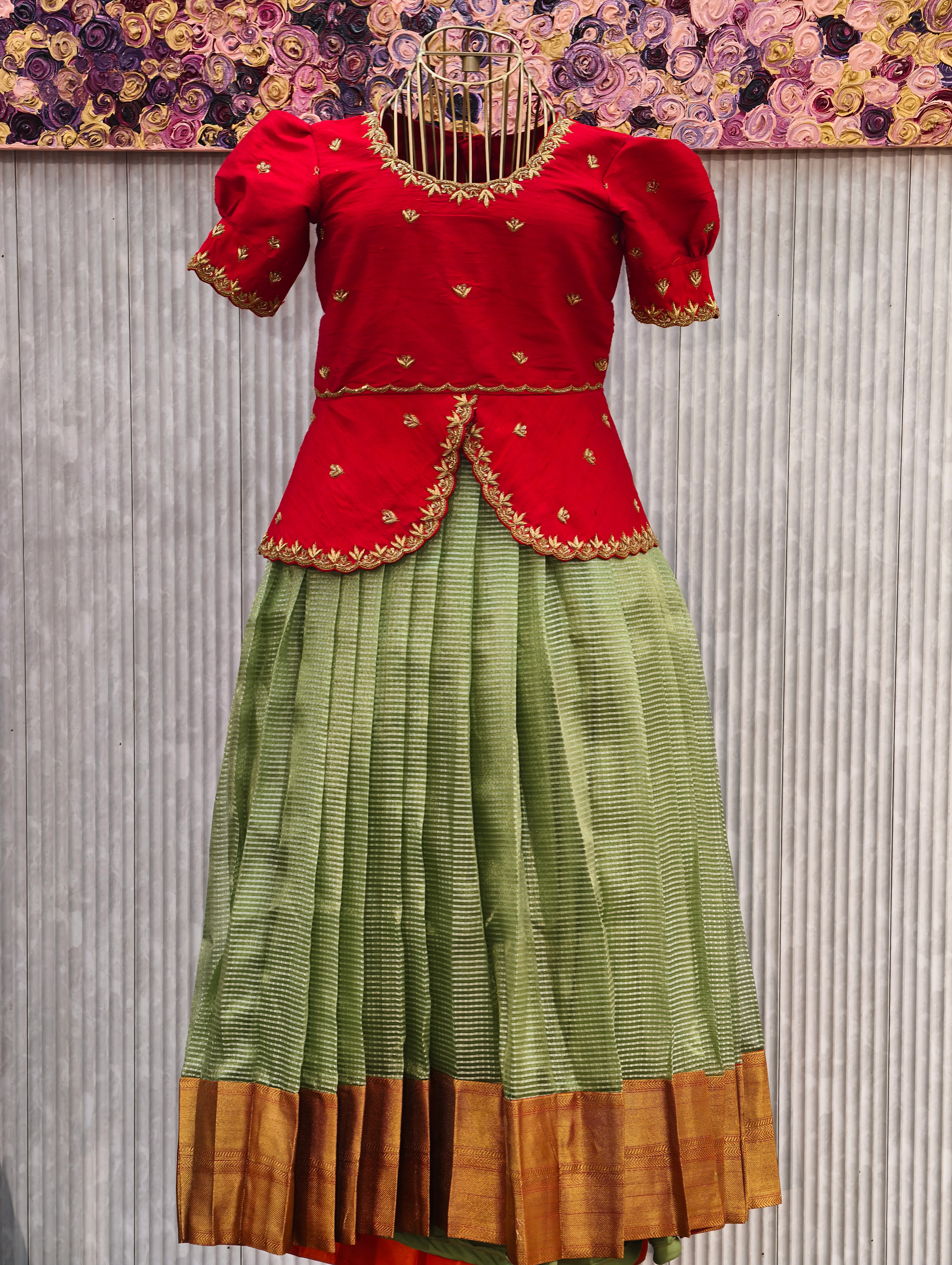 Green Silk Lehenga Choli with Red Blouse and Golden Border