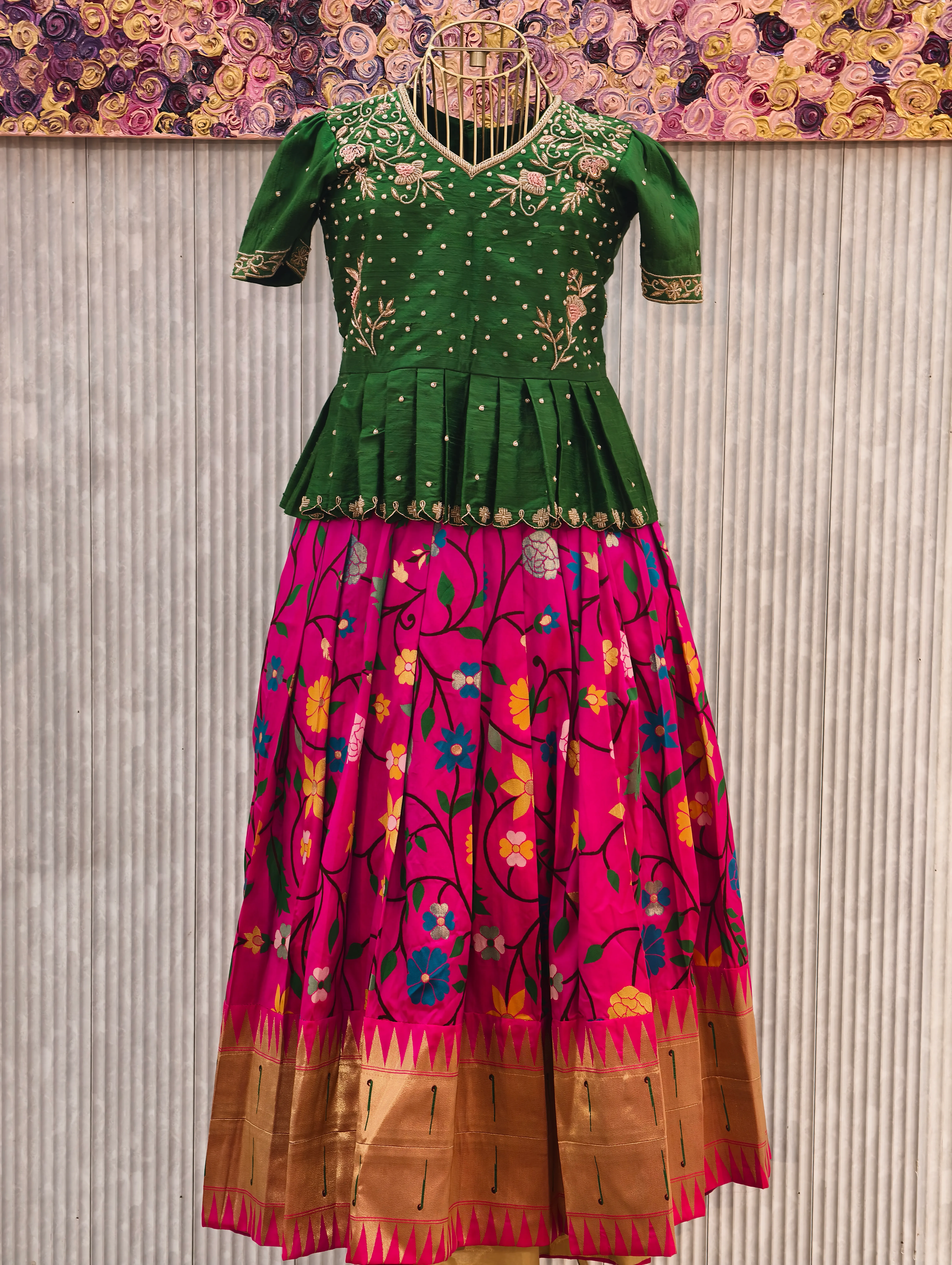 Pink Floral Lehenga Kids with Green Blouse for Weddings