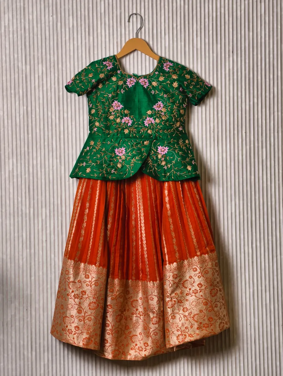 Green Kids Lehenga with Orange Skirt and Floral Blouse Designs
