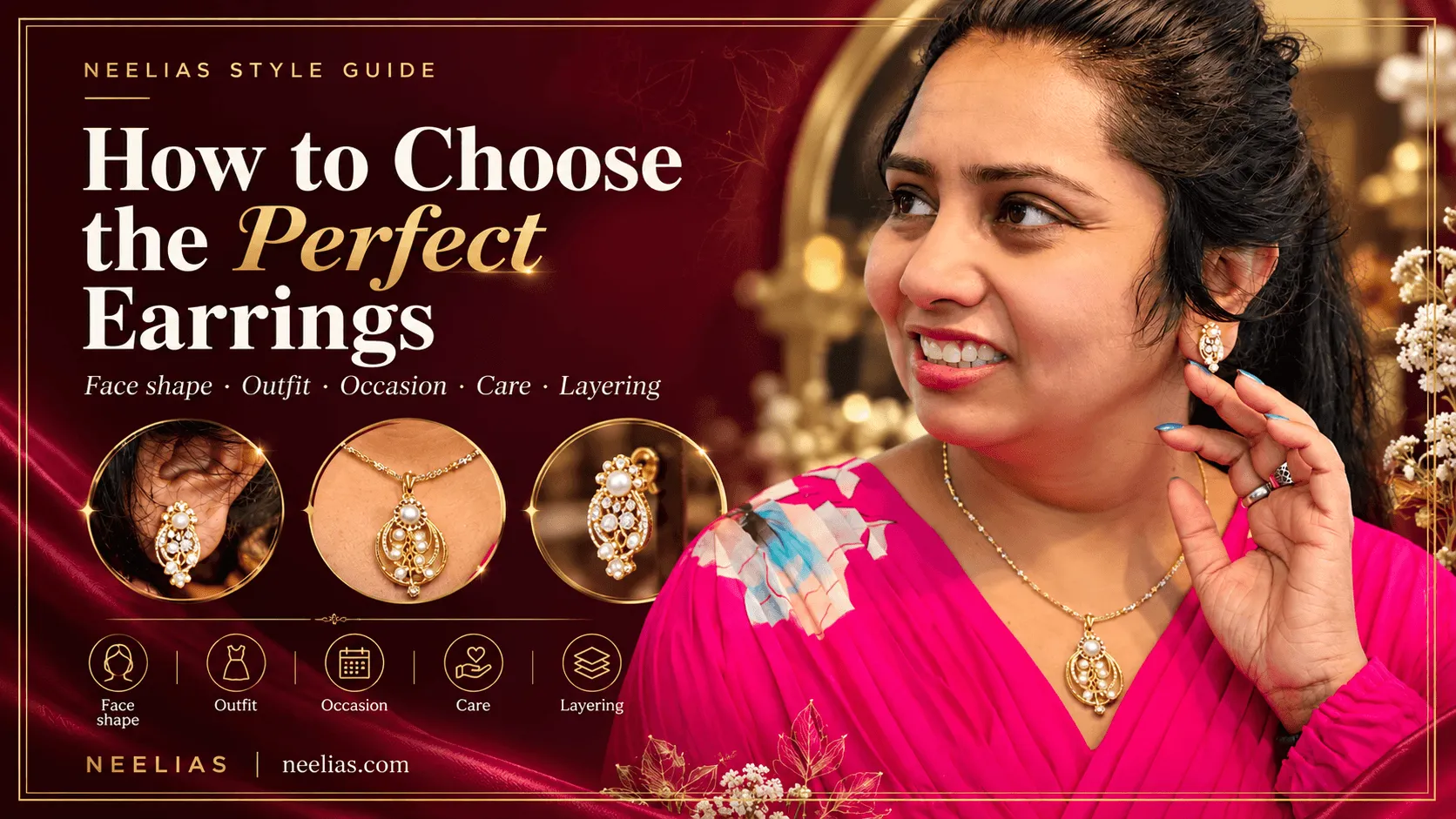 Woman in silk saree wearing gold temple jhumkas from Neelias
