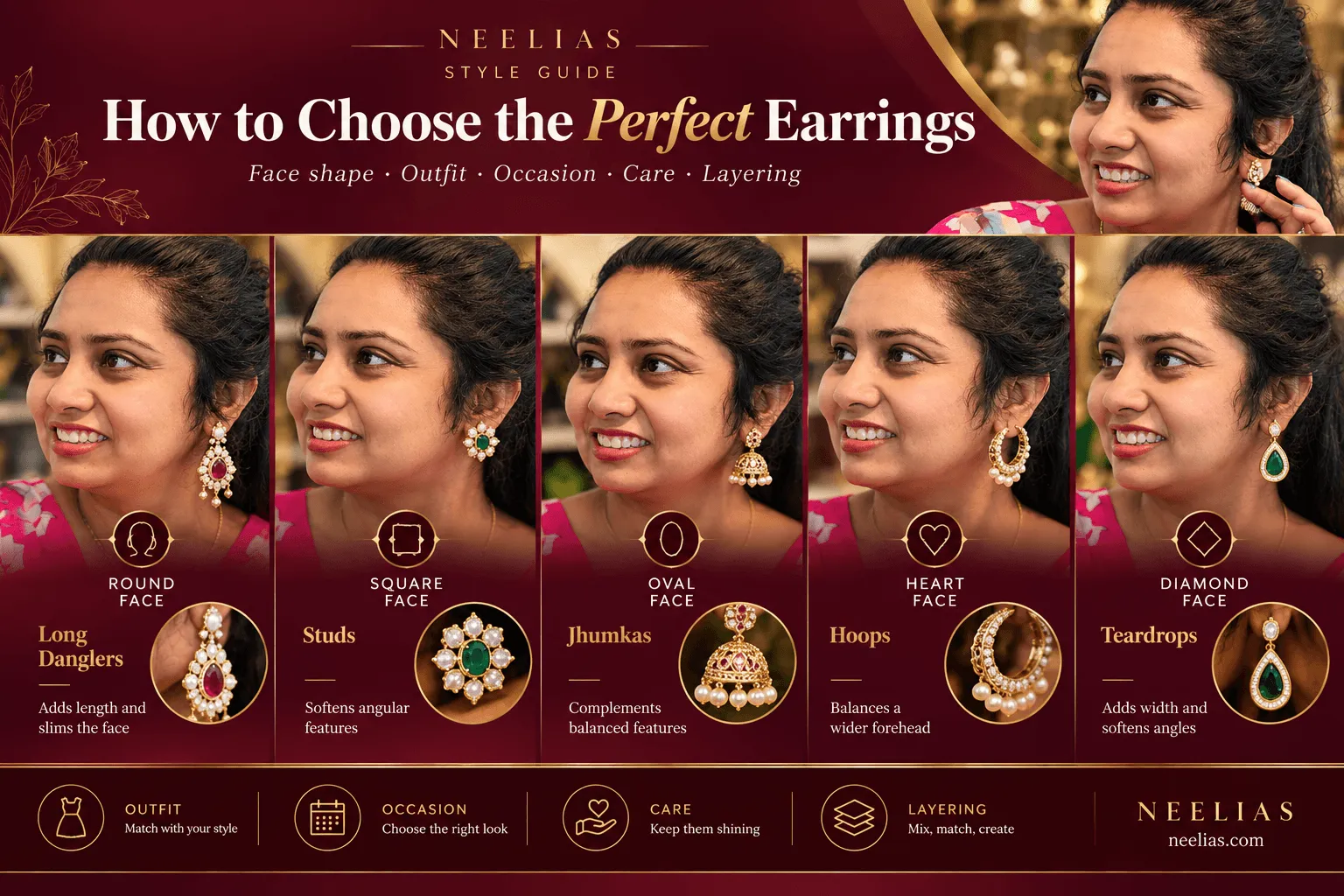 Woman in silk saree wearing gold temple jhumkas from Neelias